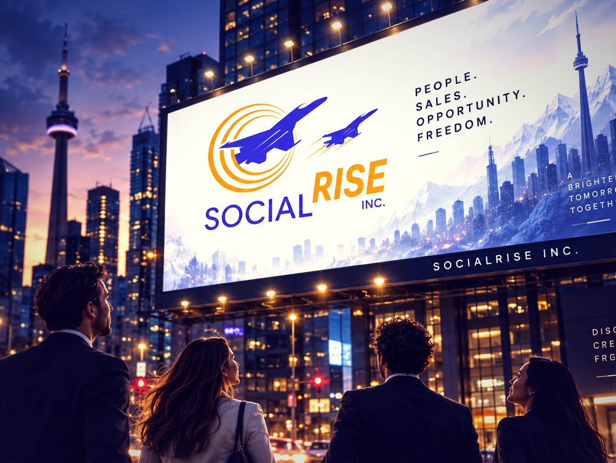 A billboard above a downtown street at dusk